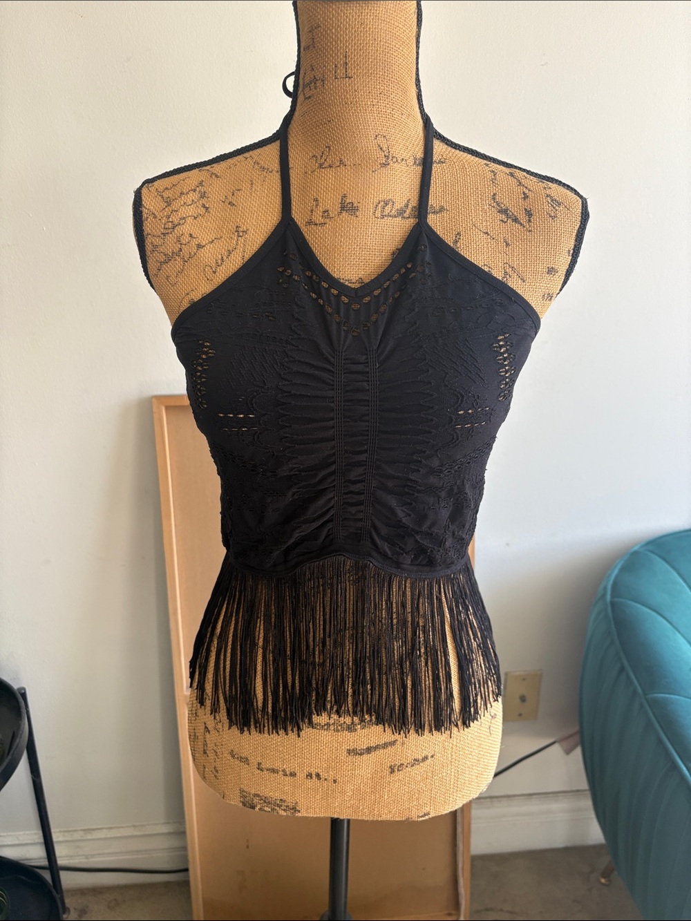 Black Fringe Halter Crop Top